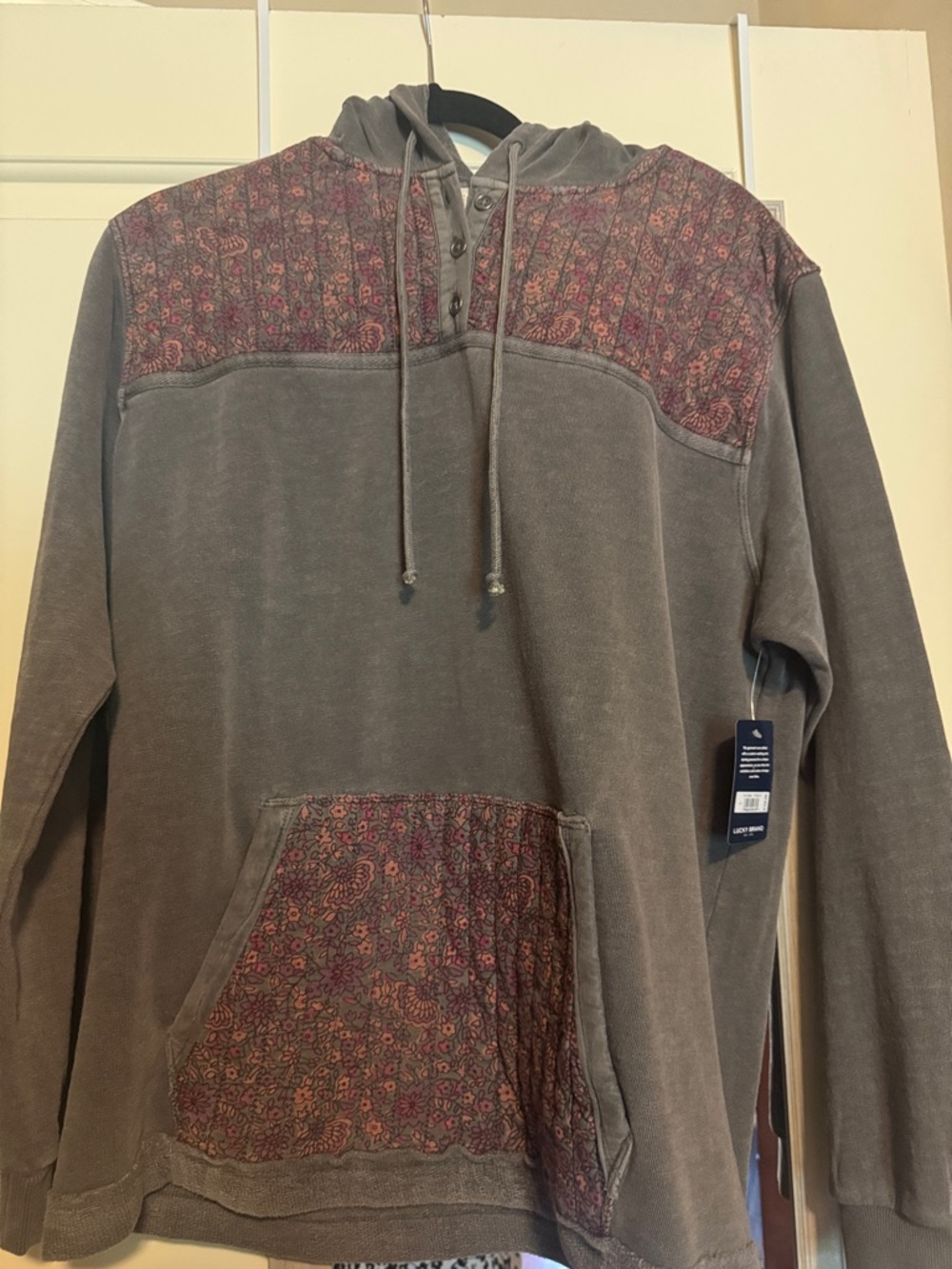 Lucky Brand Gray Hoodie with Red Paisley Panels